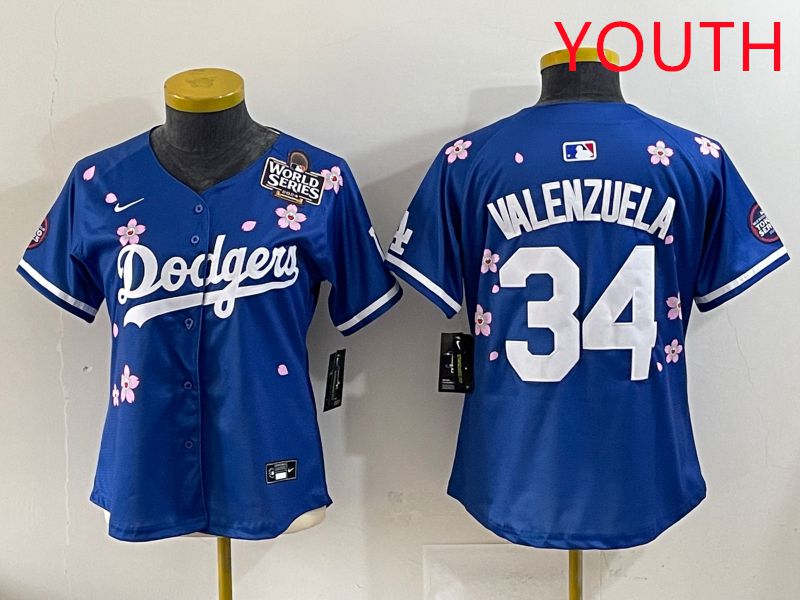 Youth Los Angeles Dodgers #34 Valenzuela Blue Sakura Edition 2025 Nike MLB Jersey style 36->youth mlb jersey->Youth Jersey